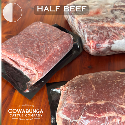 Frozen beef cuts on a wooden background.  Photo labeled "half beef"