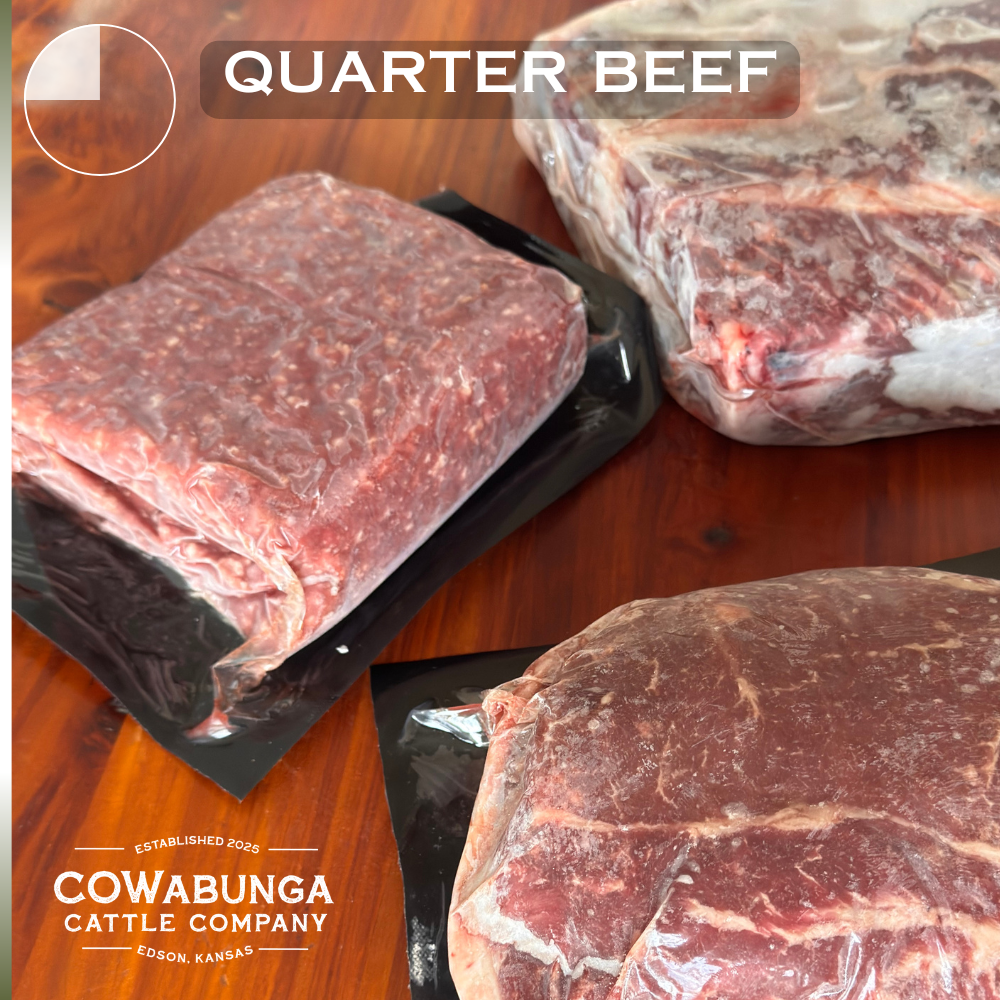 Frozen cuts of beef on a wooden surface.  Photo titled "quarter beef"