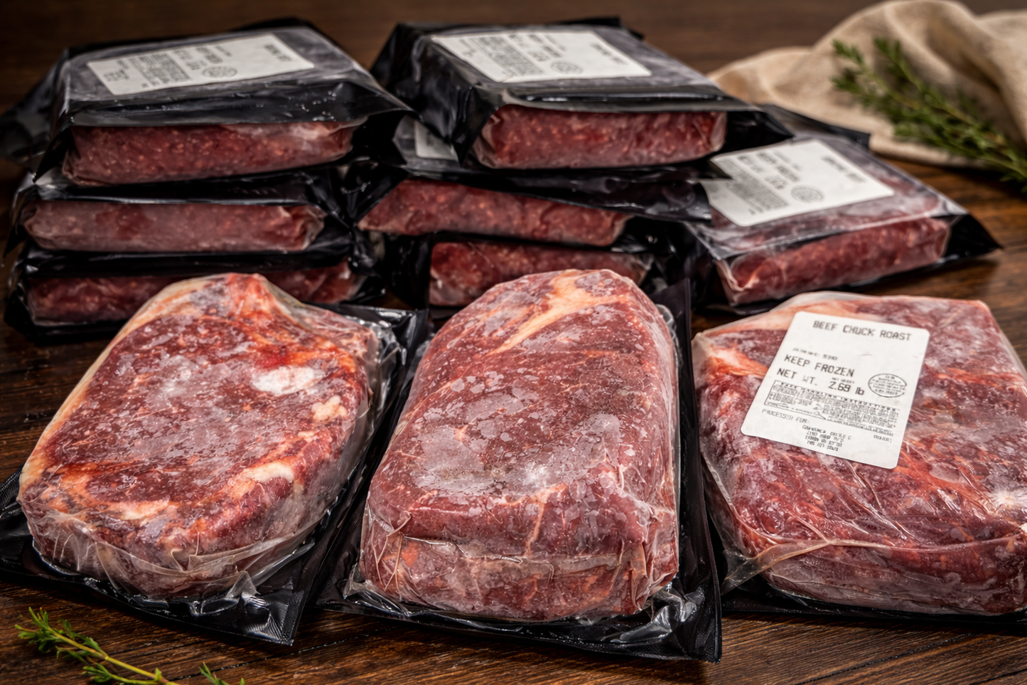 Packaged frozen beef on a wooden background.