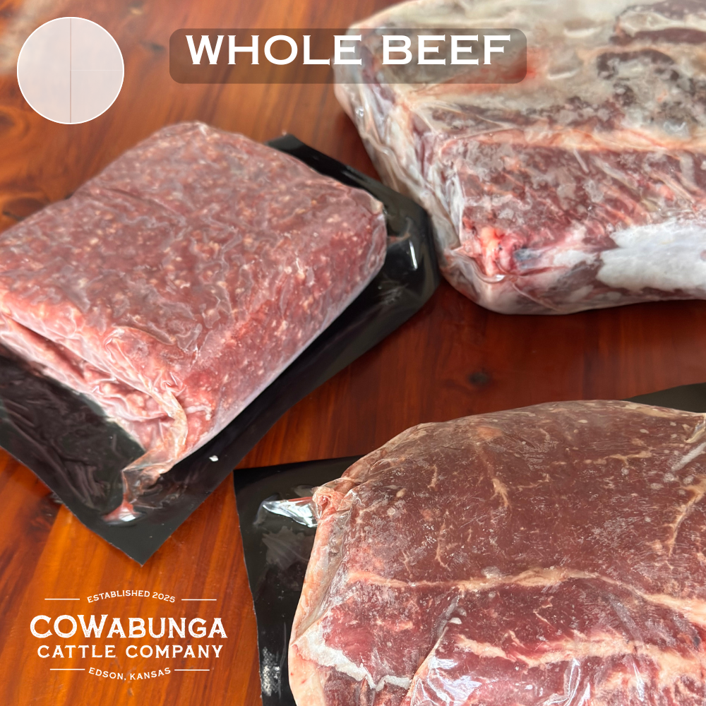 Frozen, packaged beef cuts on a wooden background.  Photo labeled "whole beef".